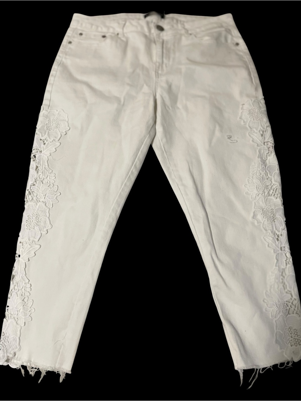 one 5 one White Cropped Jeans with Floral Embroidered Side Panels